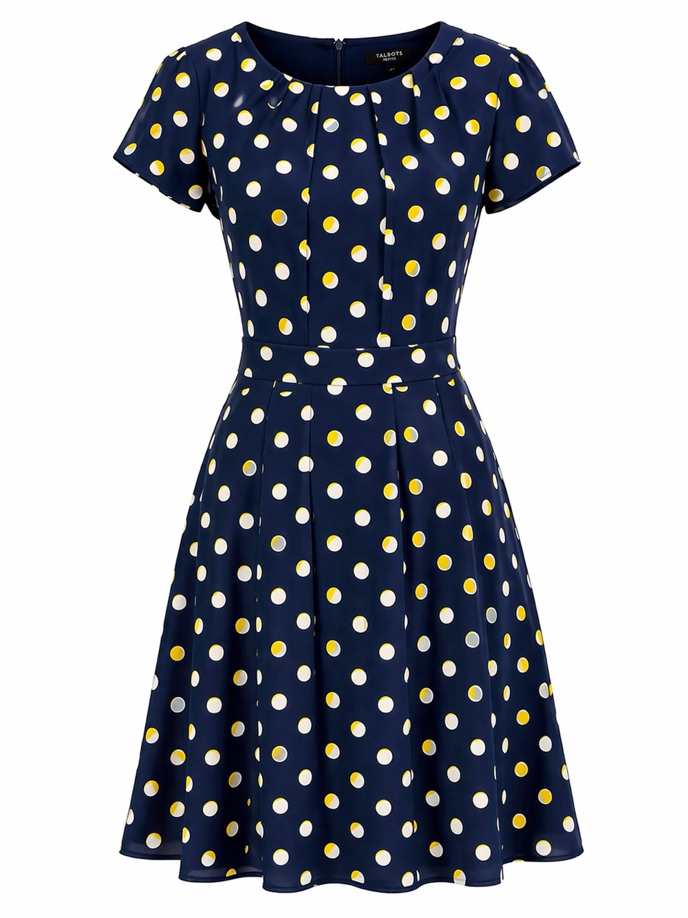 Talbots Petites Navy Blue Yellow & White Polka Dot Fit & Flare Dress Sz 14P NWT